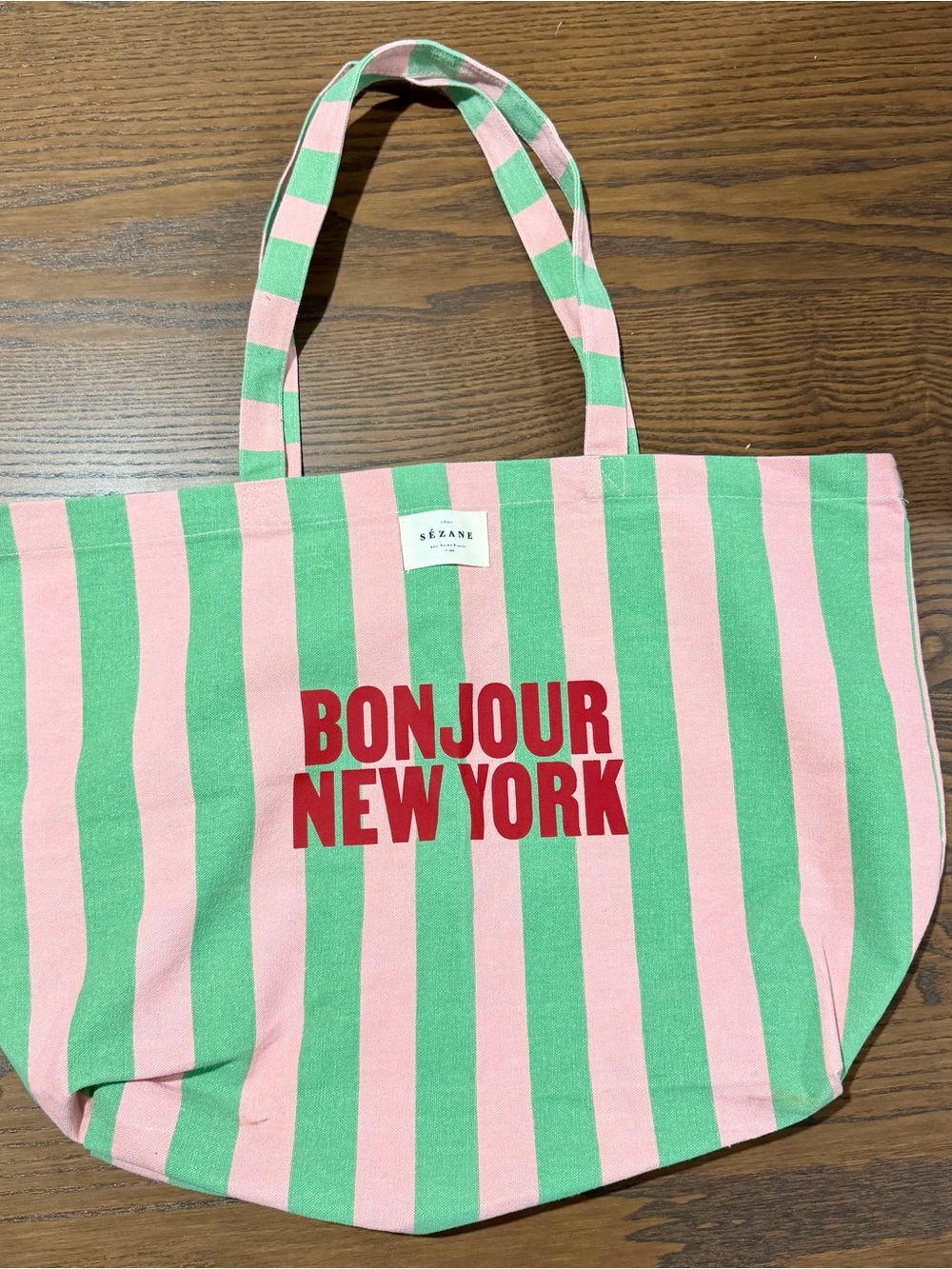 Sezane Canvas Pink and Green Striped Bonjour Tote